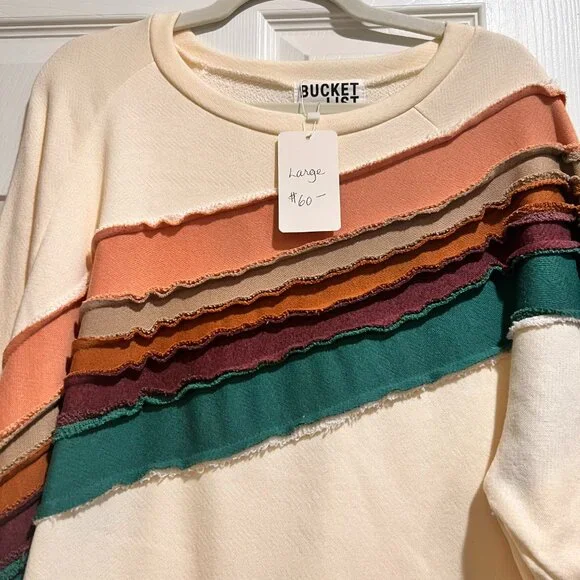 NWT: Bucketlist Cream Oversized Sweatshirt Retro 70s Stripe Pullover - Picture 5 of 5